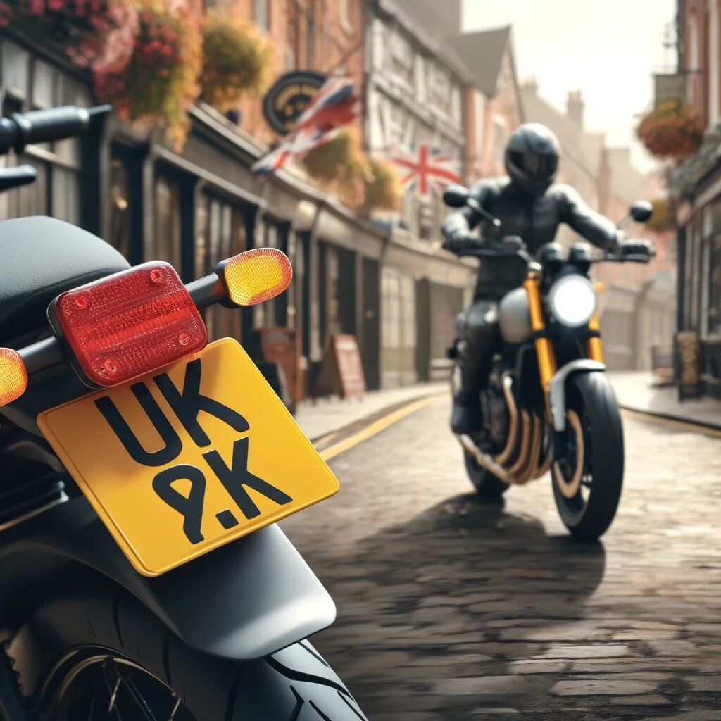 2 motorcycles parked up with a number plate on display