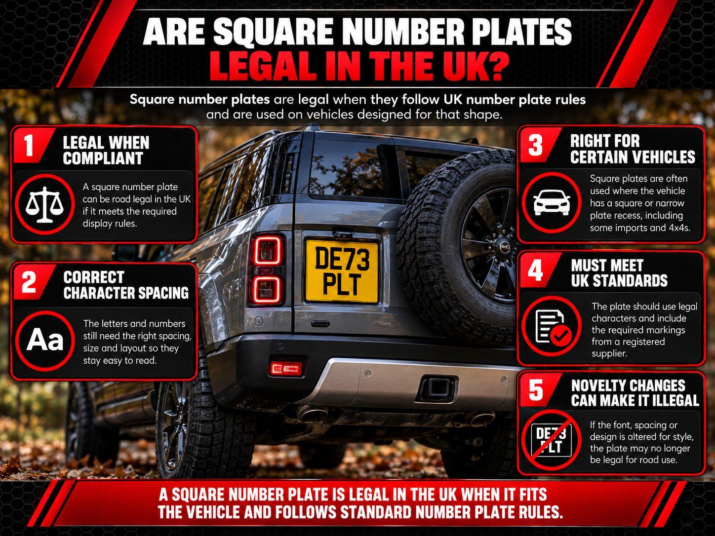 Infographic explaining UK square number plate rules, including legal requirements, character spacing, correct sizing and vehicle suitability.