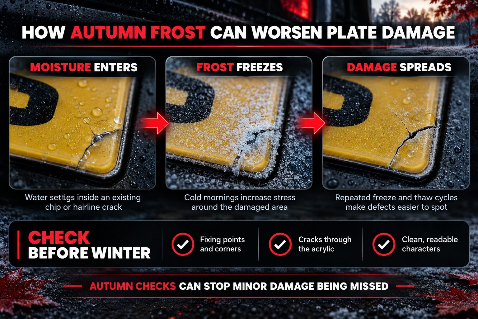 Infographic explaining how autumn frost can worsen existing chips and cracks in acrylic number plates.