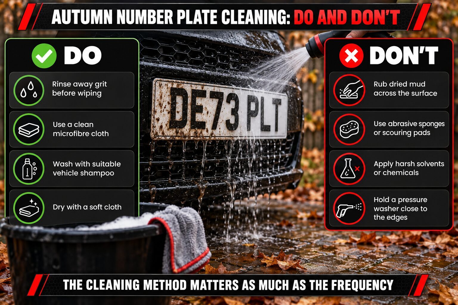 Infographic showing how to clean muddy number plates safely during autumn without scratching the acrylic.