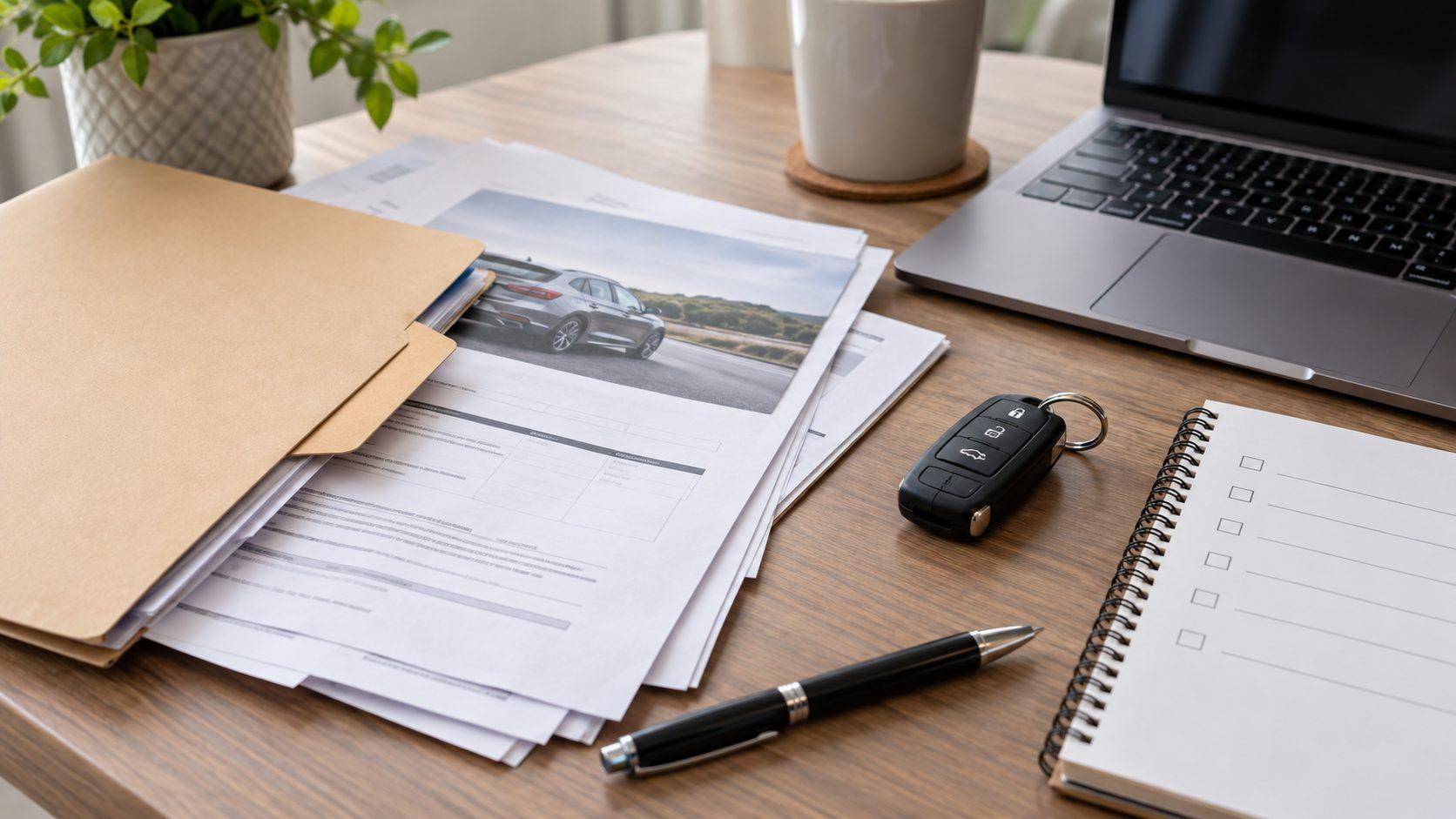 Vehicle paperwork, car keys, a laptop and a checklist arranged on a desk ready for ordering a replacement number plate.