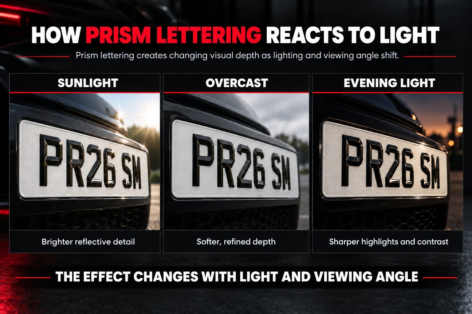 Prism number plate lettering shown in sunlight, overcast weather and evening light to demonstrate changing reflective depth.