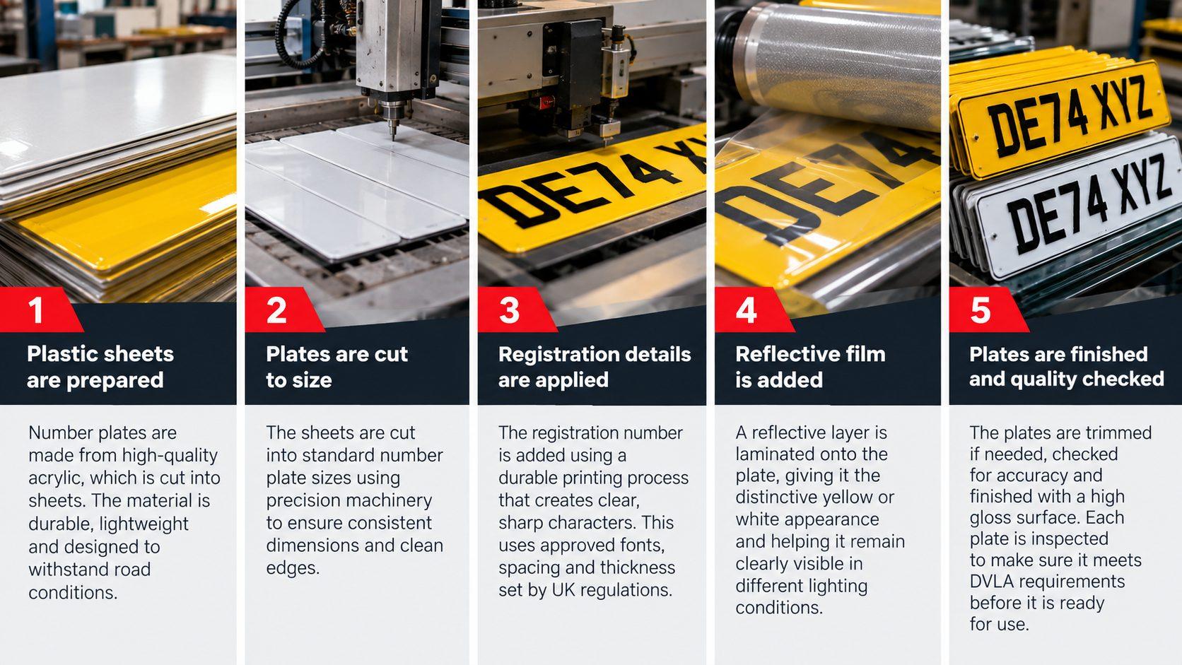 Infographic explaining the UK number plate manufacturing process, from preparing acrylic sheets and applying registration characters to finishing and quality checks.