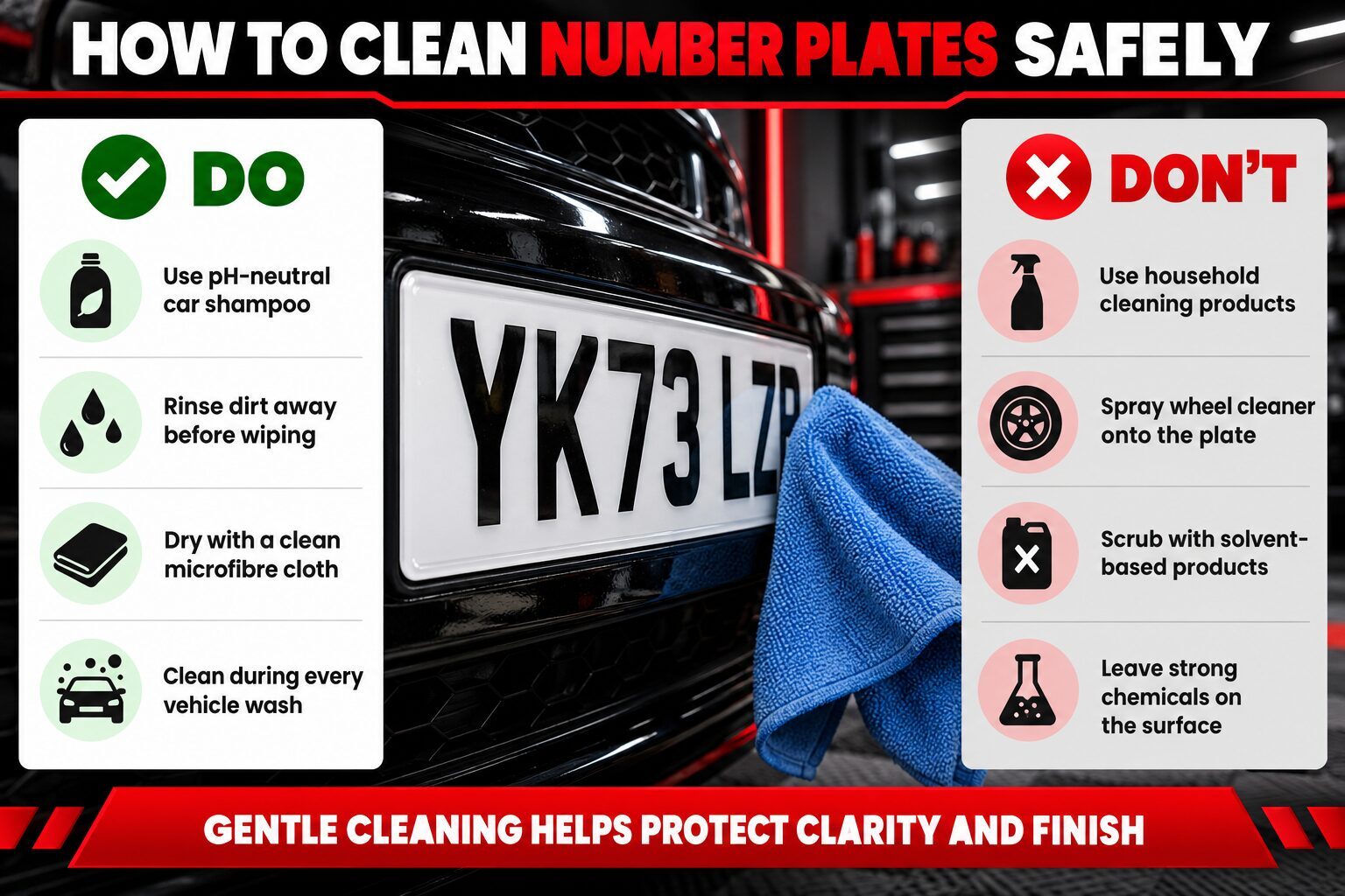 Infographic explaining how to clean acrylic number plates safely without using harsh chemicals or abrasive products.
