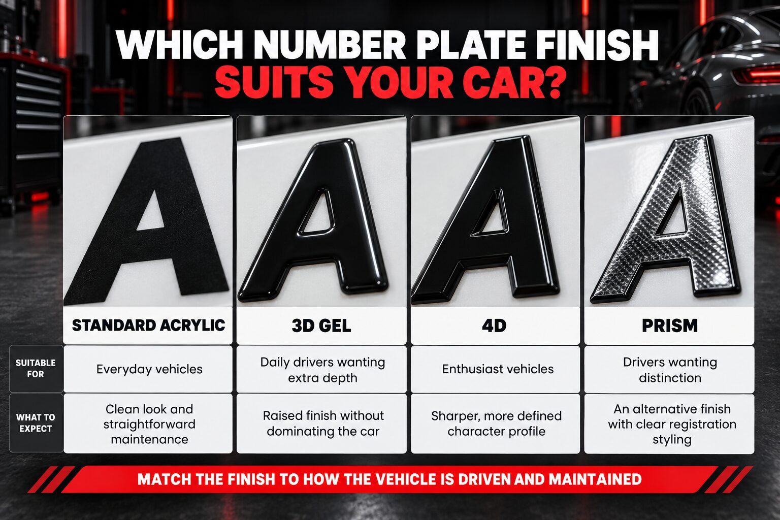 Infographic comparing standard acrylic, 3D Gel, 4D and Prism number plate finishes for different vehicles.