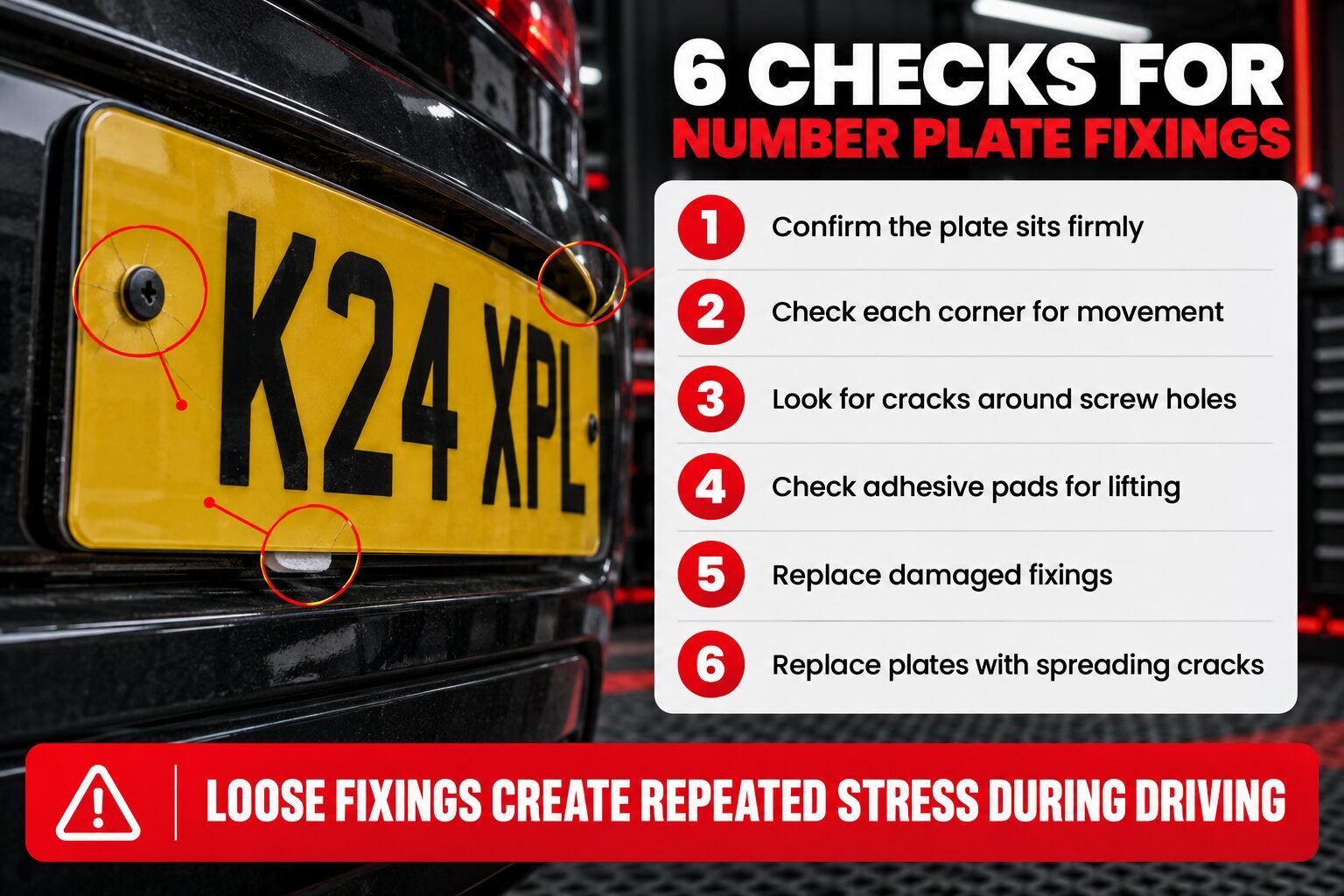 Infographic showing six checks for loose, cracked or damaged number plate fixings.