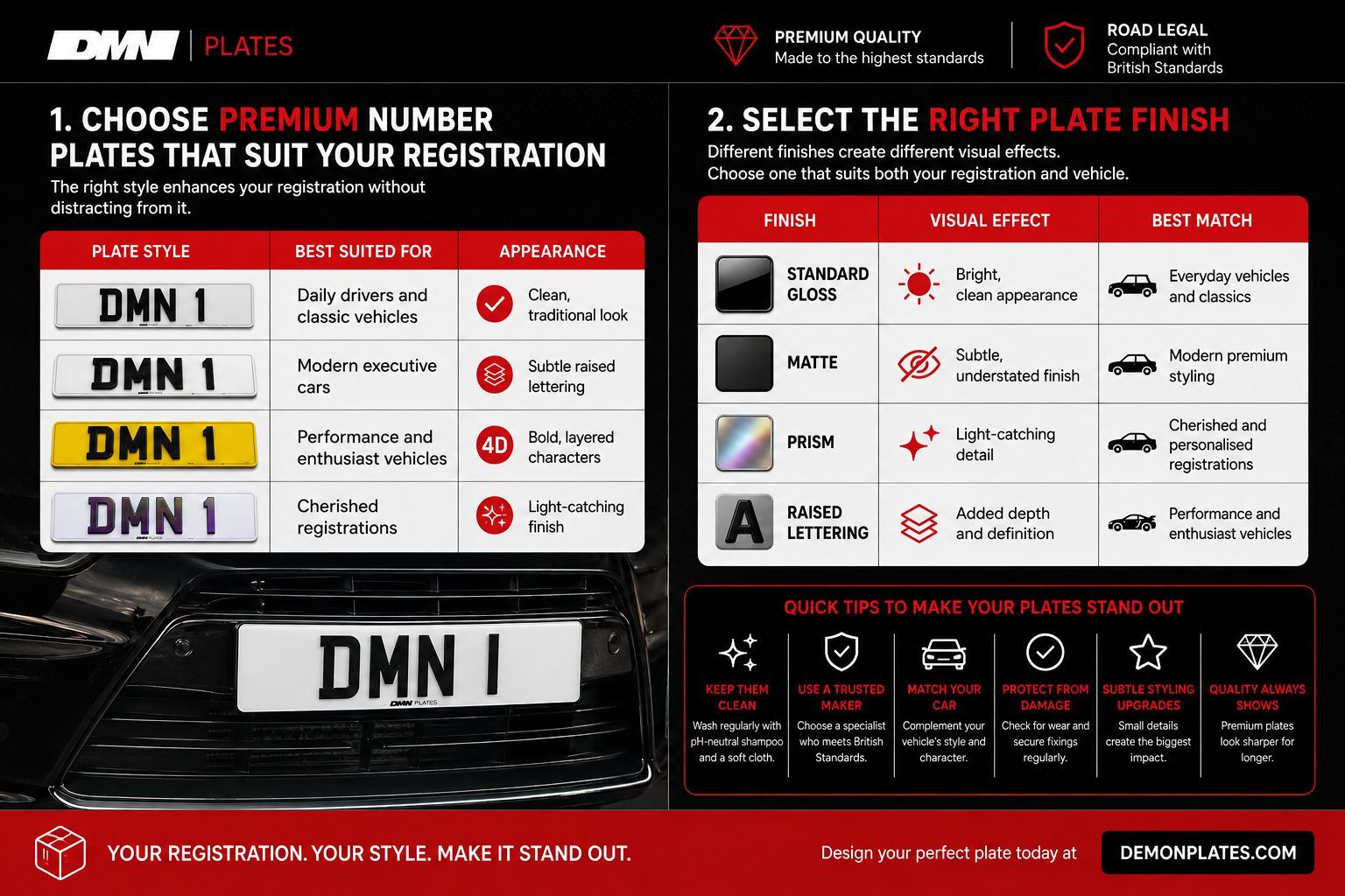 Infographic showing subtle vehicle styling upgrades and number plate care tips to help a personalised registration stand out and stay in good condition.
