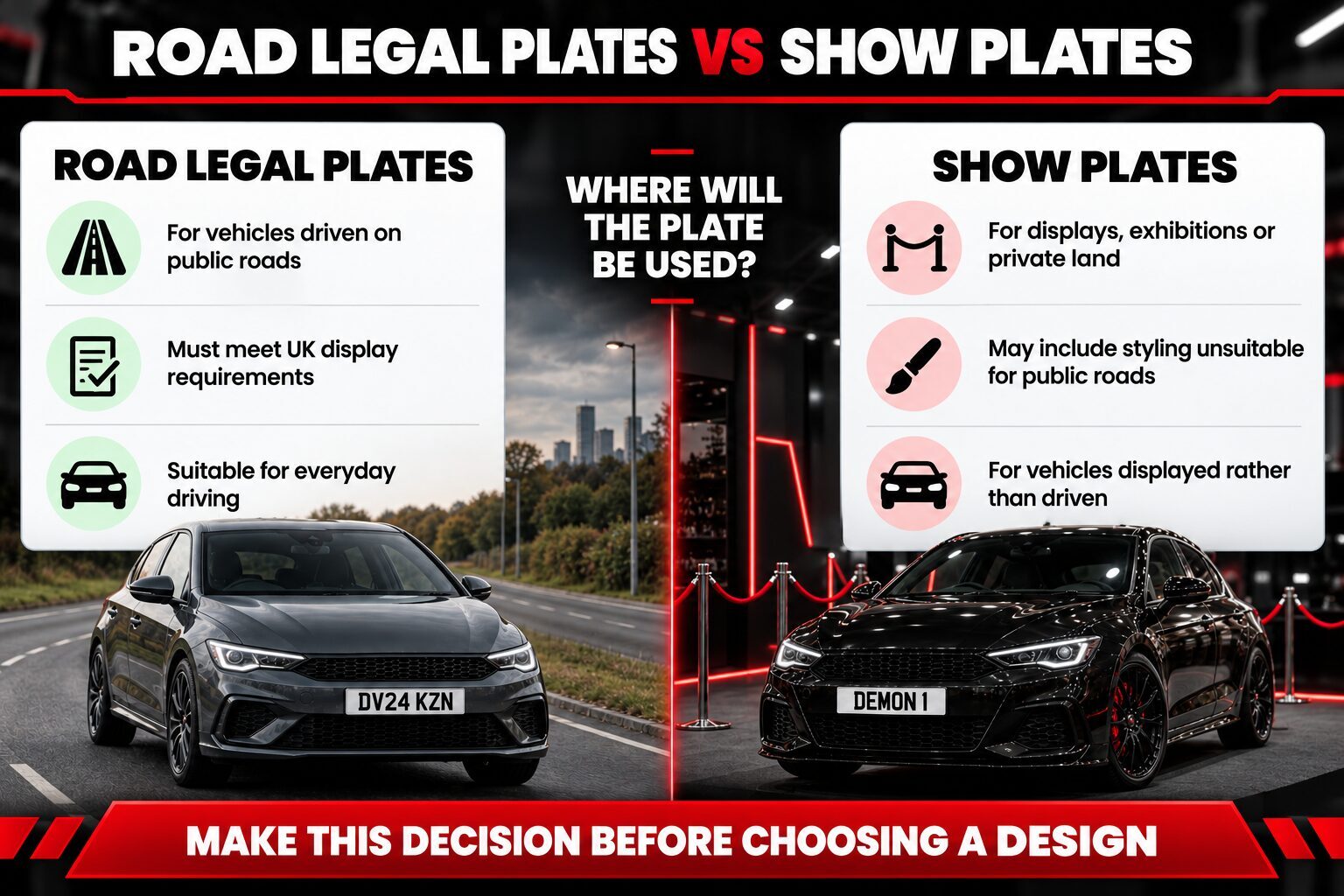 Infographic comparing road legal number plates for public roads with show plates for displays and exhibitions.