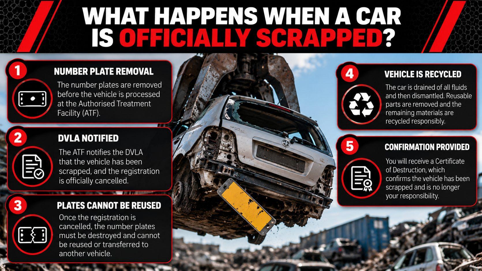 Infographic explaining what happens when a car is officially scrapped, including DVLA notification, number plate removal and vehicle recycling.