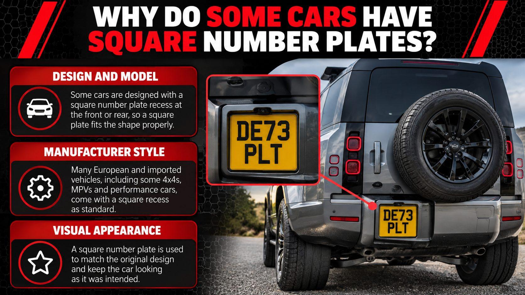 Infographic explaining why some cars have square number plates, showing a 4x4 vehicle with a square rear plate and recessed fitting area.